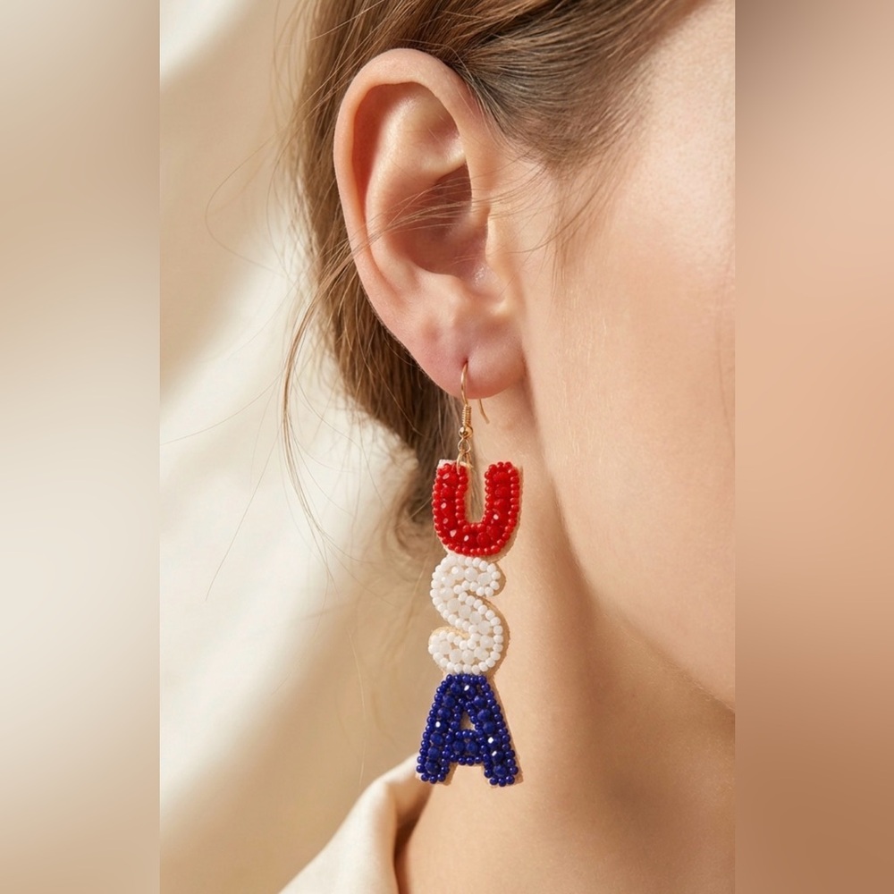 NEW Beaded USA Earrings | Patriotic Red White Blue Dangle